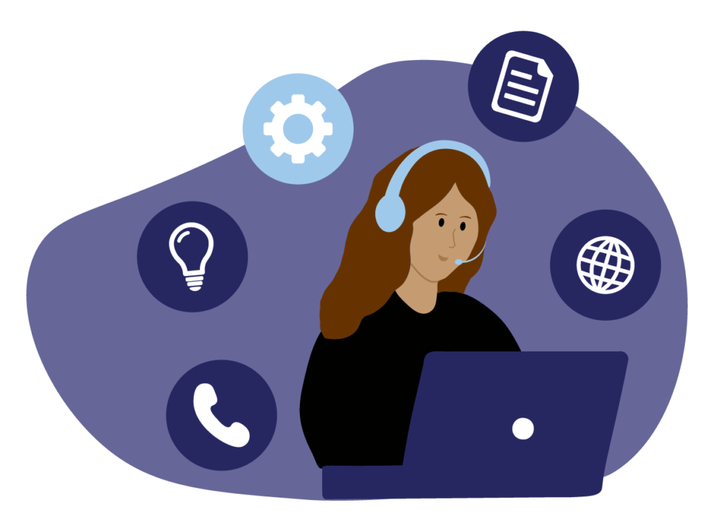 Illustration of a woman wearing a headset and working on a computer. Various tech related icons float around his head.